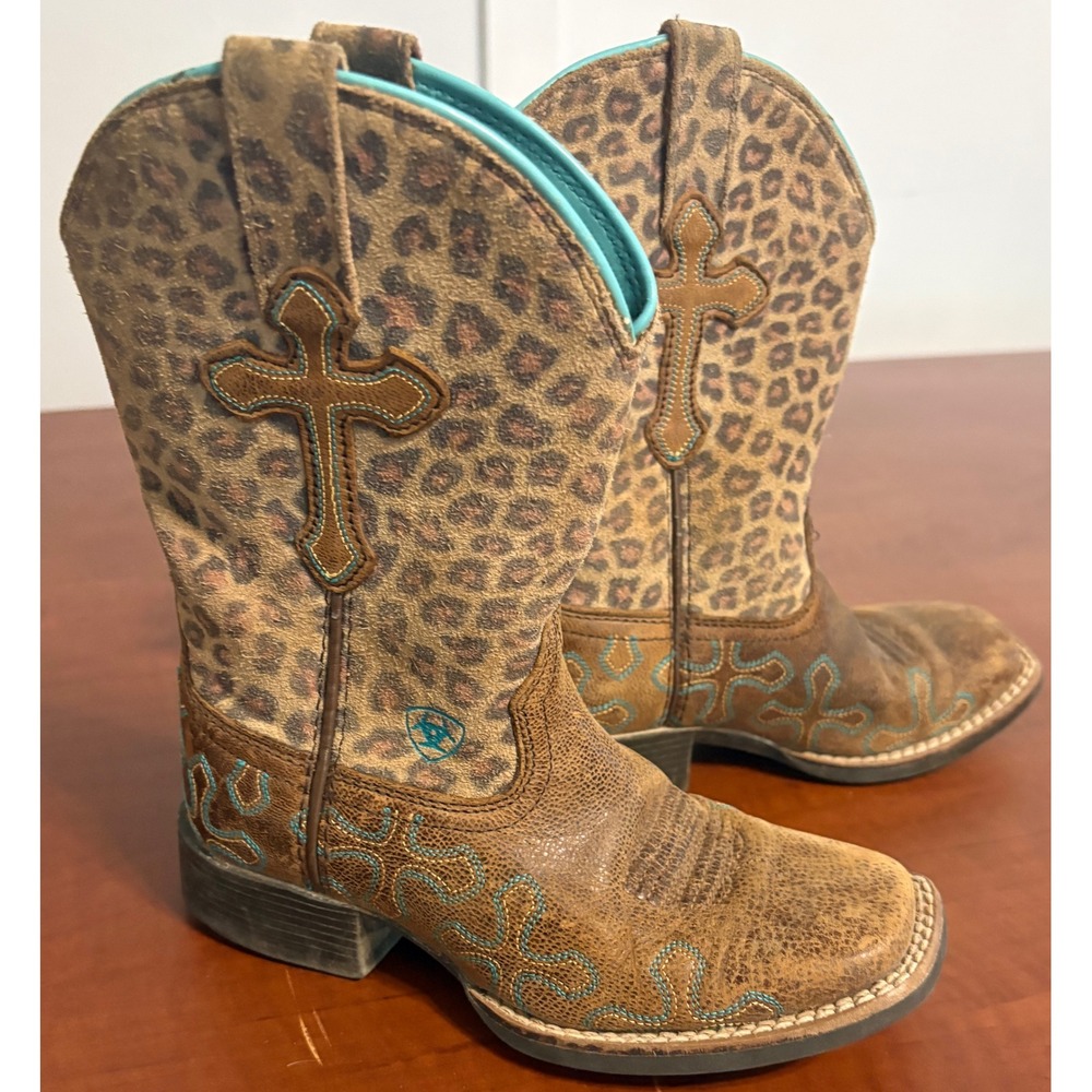 Ariat Kids Leopard Print Cross Western Cowboy Boots Brown Turquoise 10017311 10